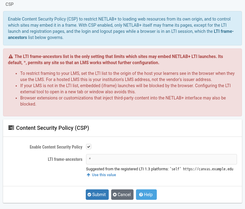 Content Security Policy (CSP) settings page with the enable checkbox and the LTI frame-ancestors field